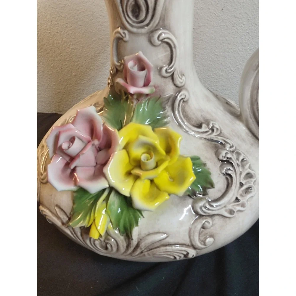 Vintage Capodimonte Italy Porcelain Floral Pitcher Vase Crowned N Rose Large 14